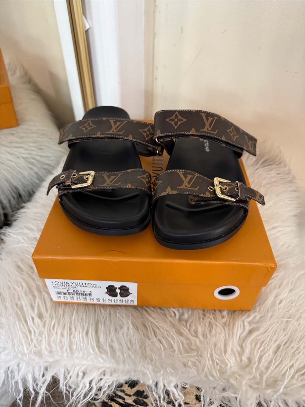 Monogram Double-Strap Slides in Brown and Black